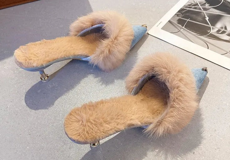 Metal Tip Faux Fur Mules