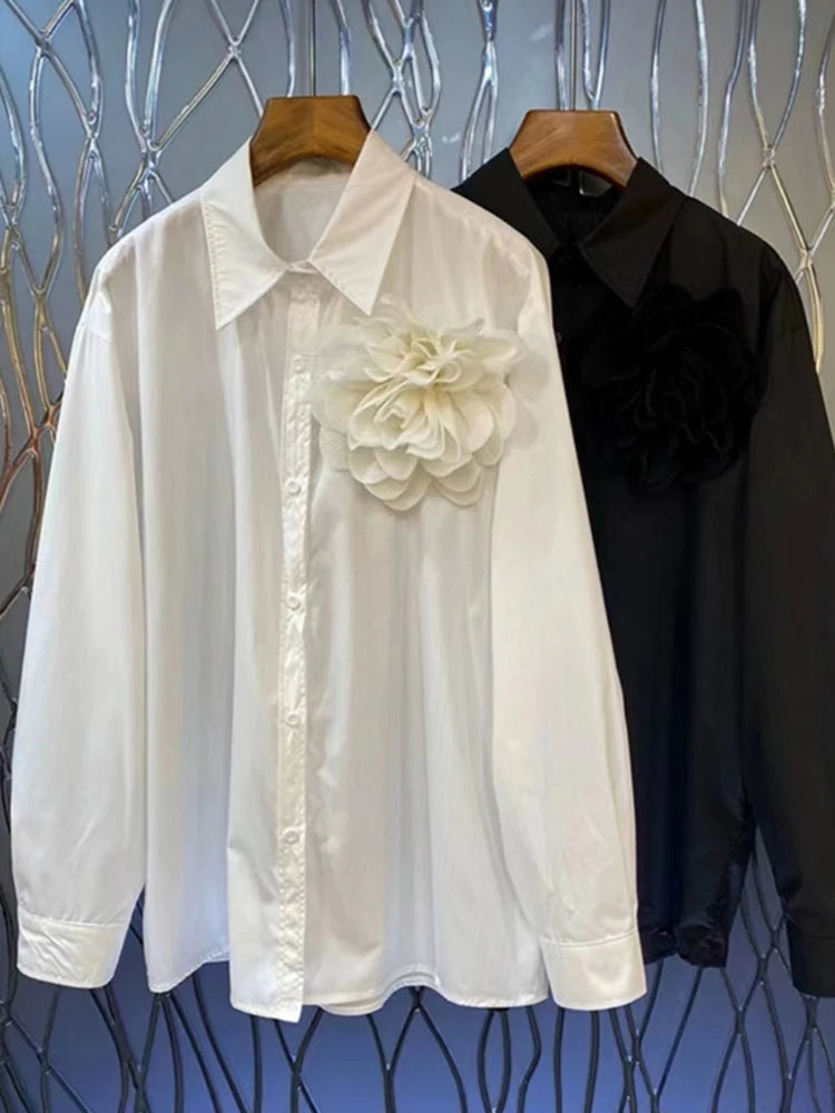 Pleated 3D Flower Loose Long Sleeved Shirt