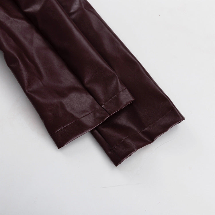 Vintage Burgundy Faux Leather Tie Waist Jacket + Pants Set