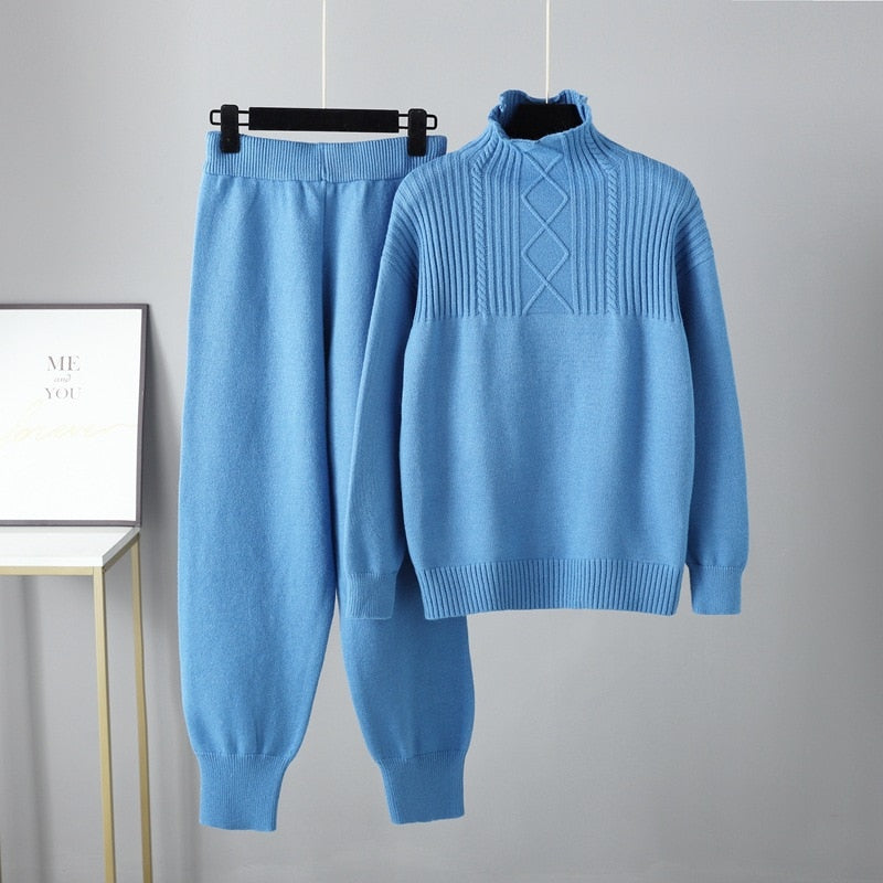 Solid Long Sleeve Knit Sweater + Loose Pants Set