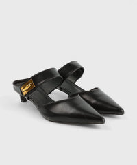 Unique Splicing Kitten Heels Khaki Faux Leather Slide Sandals