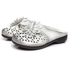 Women Hollow Leather Floral Casual Slippers