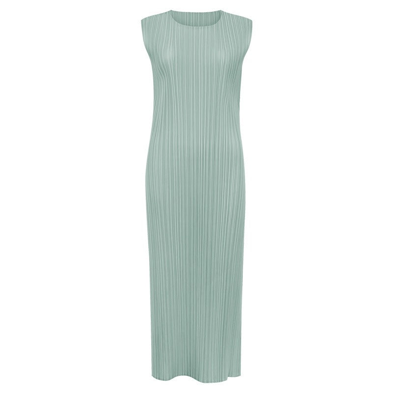 Solid Pleated Sleeveless Midi Dress