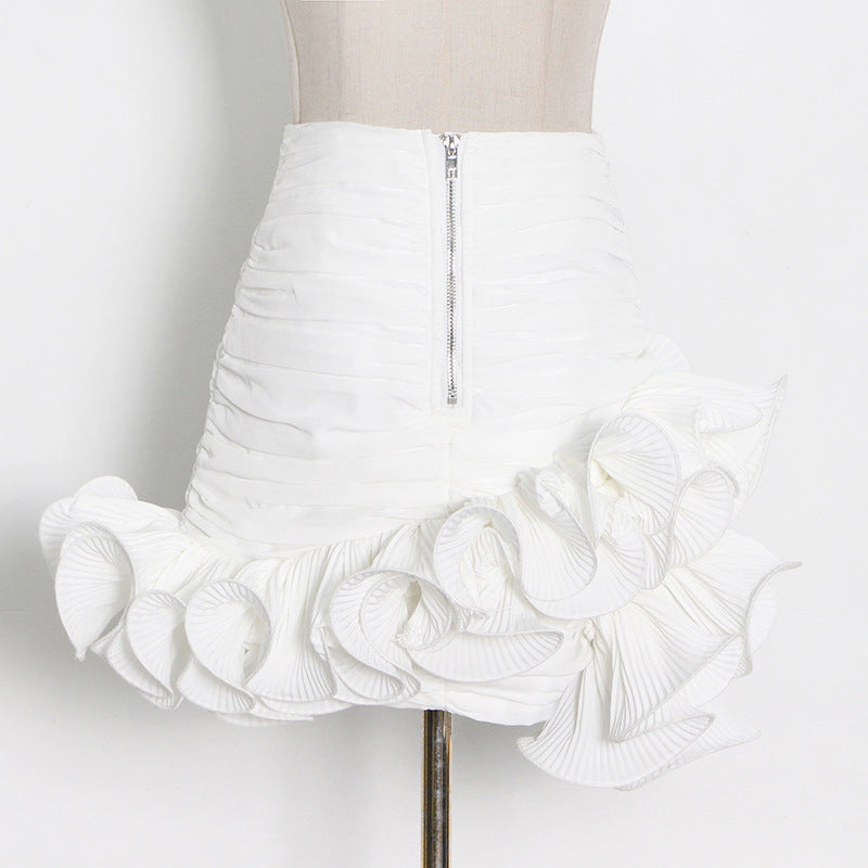 Milky White Hip-Wrapped Ruffled Patchwork Mini Skirt