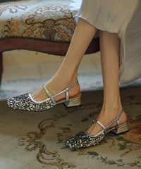 Fashion Gold Square Toe Chunky Heel Buckle Strap Sequins Sandals