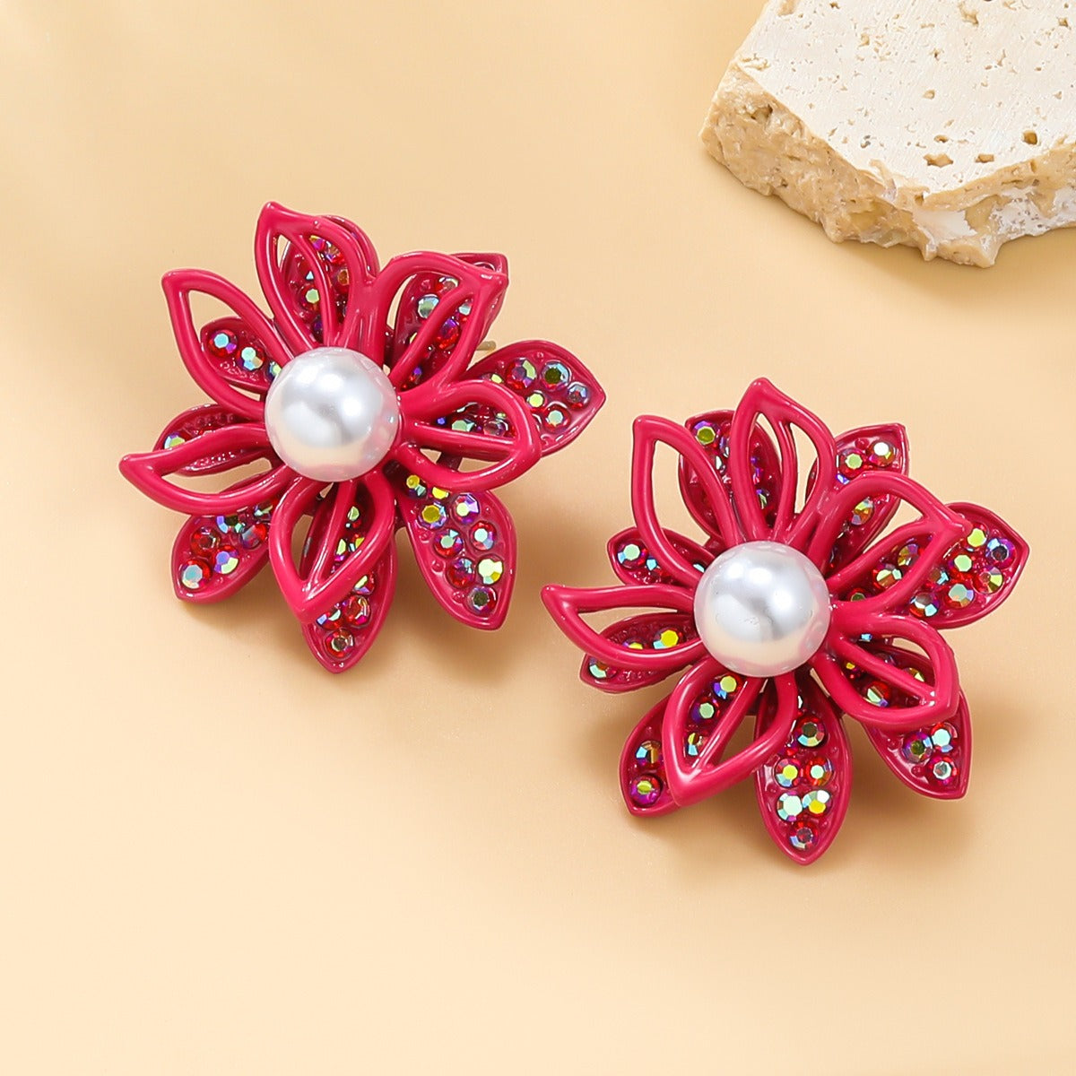 Diamond Inlaid Floral Alloy Earrings