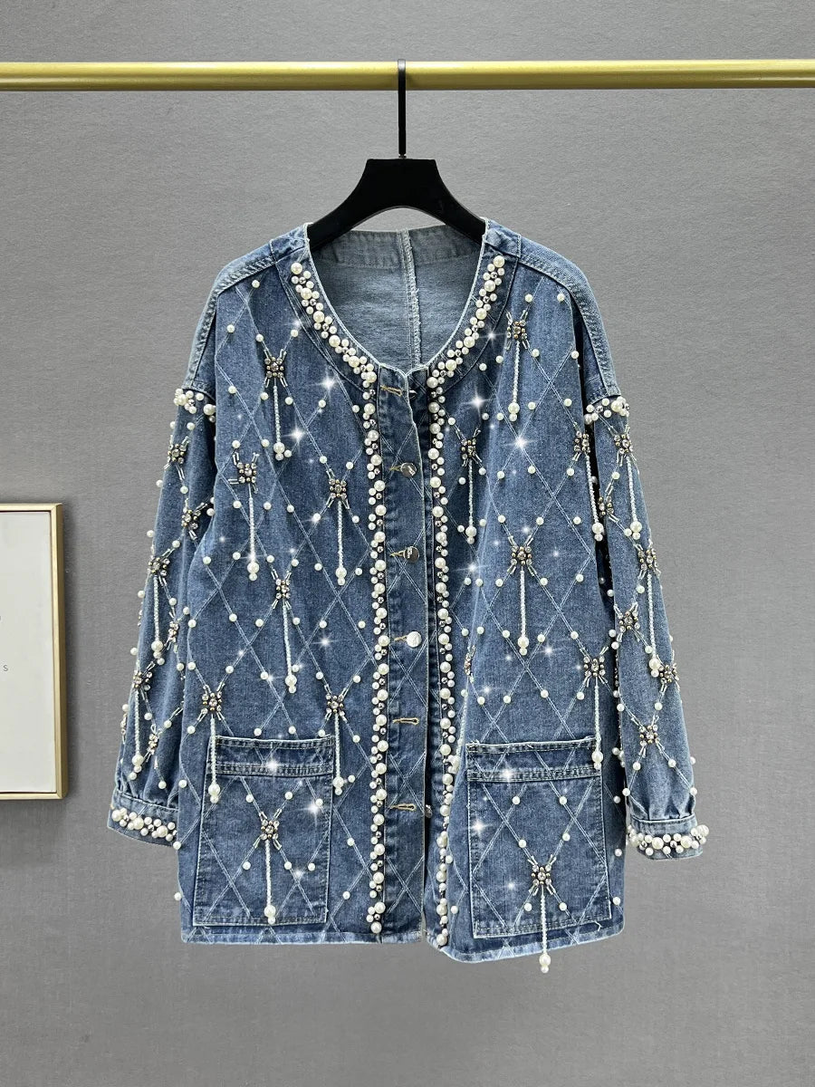 Beaded Diamond Loose Denim Jacket