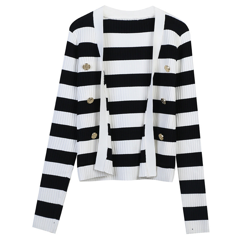 Striped Double Row Metal Button Loose Cardigan