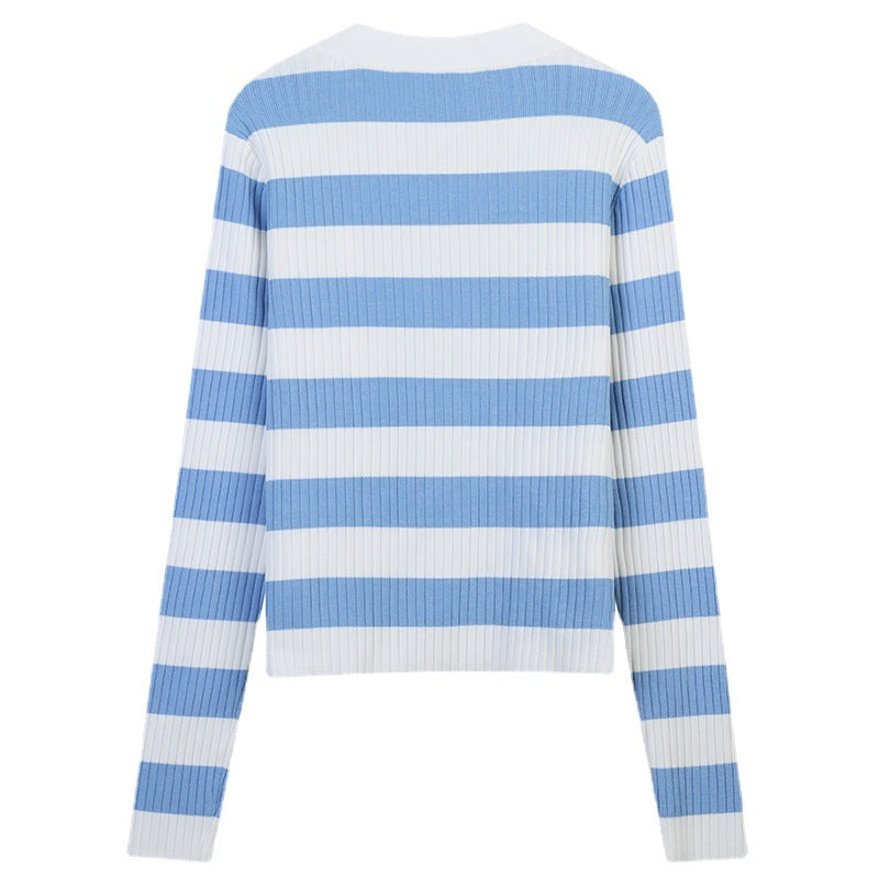 Striped Double Row Metal Button Loose Cardigan