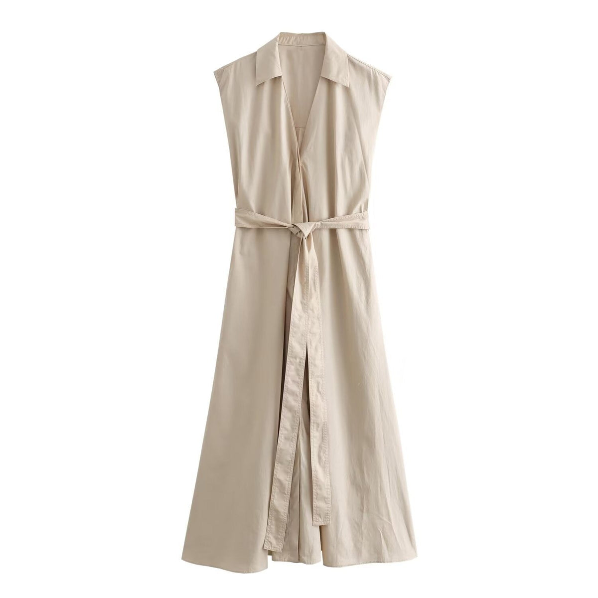 V-Neck Belt Sleeveless Midi Vest Dress