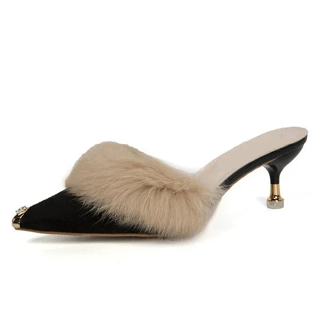 Metal Tip Faux Fur Mules