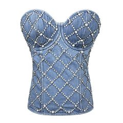 Rhinestones Lattice Corset Tank Top