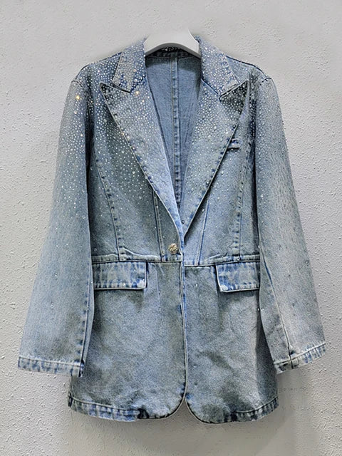 Vintage Diamond Embellished Single Button Denim Blazer