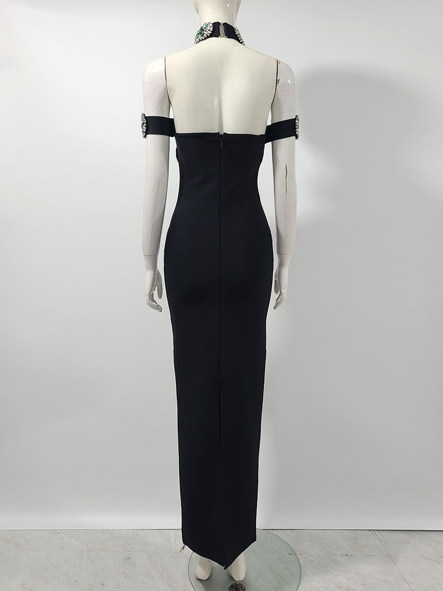 Elegant Halter Black Evening Dress with Diamond Embellishment