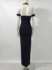 Elegant Halter Black Evening Dress with Diamond Embellishment
