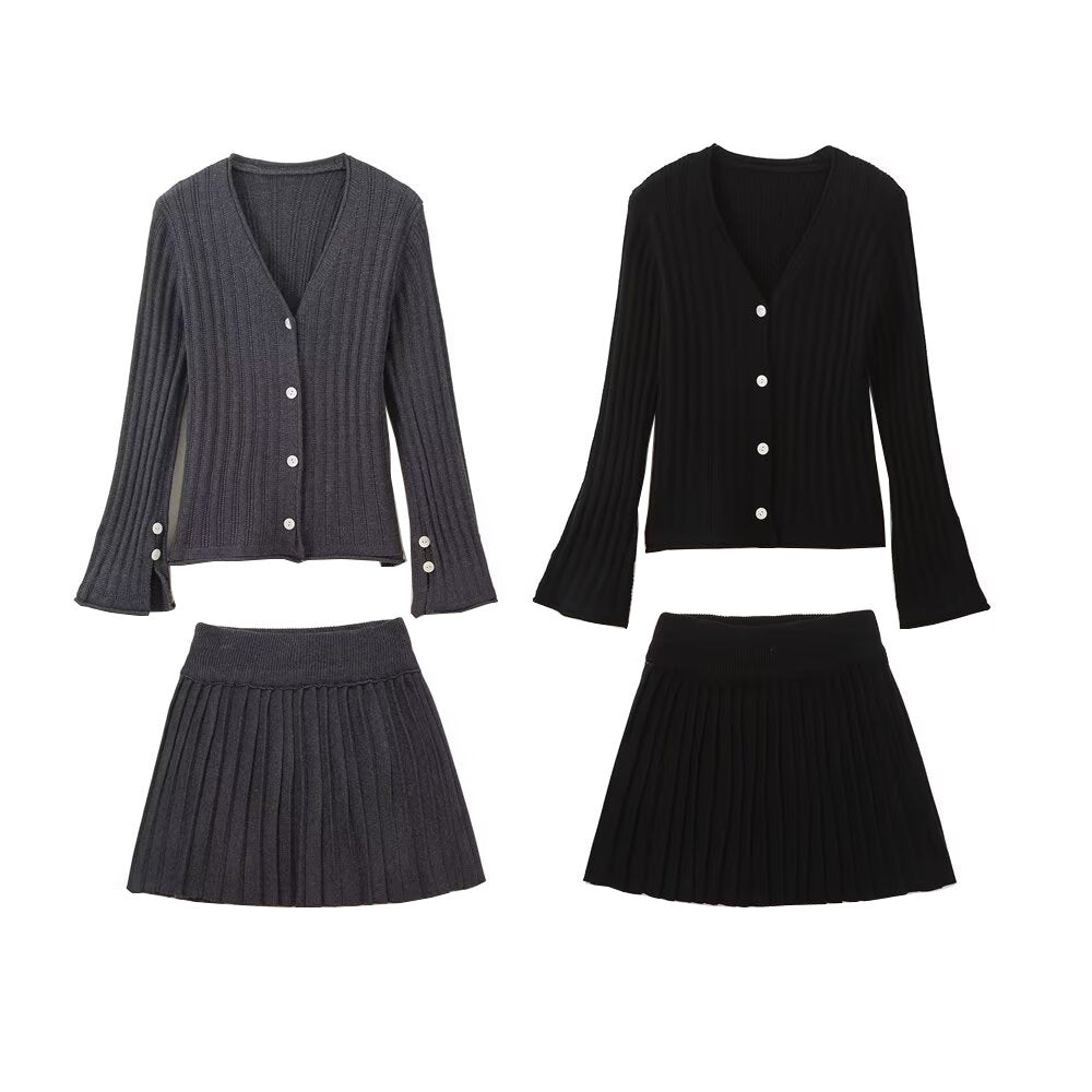 Cuff Slit Pleated Knitted Cardigan + Skirt Set