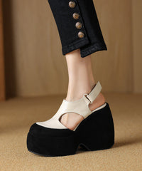 Fashion Splicing Platform Sandals White Cowhide Leather Hollow Out