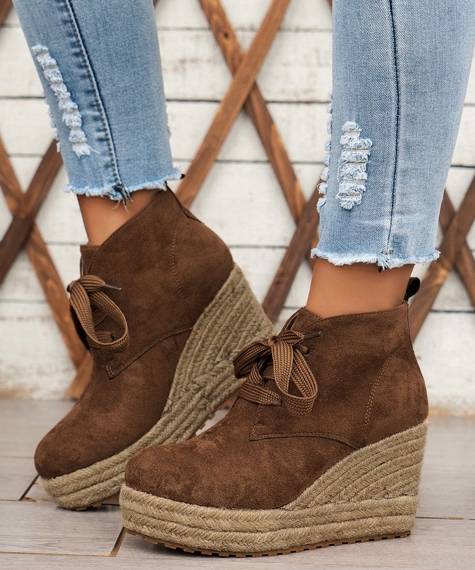 Brown Boots Lace Up Solid Suede Straw Woven Wedge Heels Boots