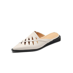 Cowhide Hollow Pointy Low Heel Mule Shoes