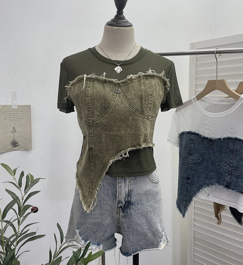 Denim Patchwork Mesh Short Sleeved Irregular T-Shirt