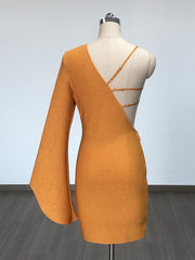Flower Sequin One Shoulder Flared Long Sleeved Bandage Dress