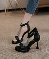 Chic Zircon Splicing High Heel Sandals Beige Faux Leather