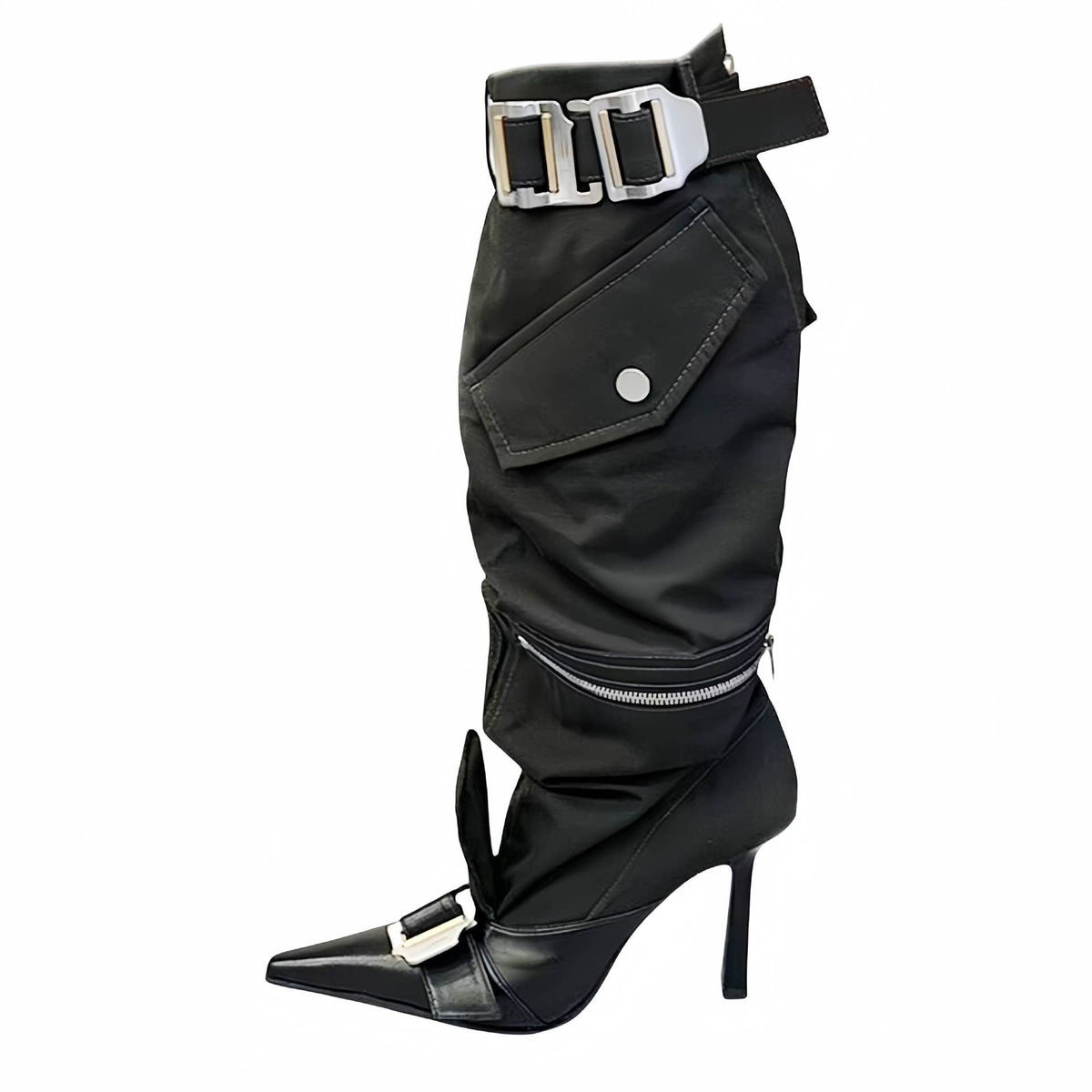 Knee Length Belt Buckle High Heel Boots