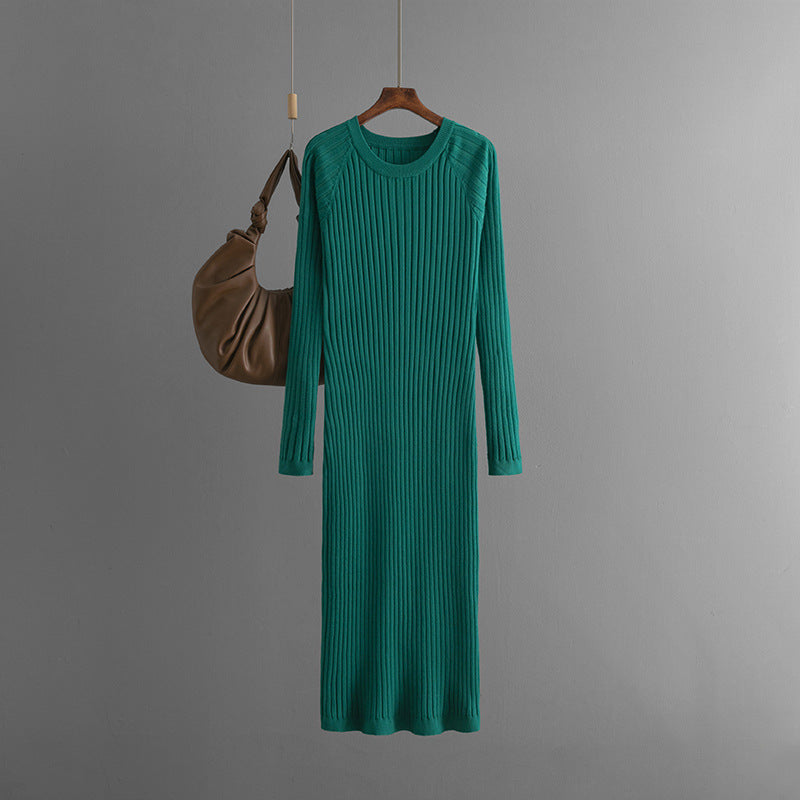 Solid Pleated Round Neck Woolen Knitted Dress