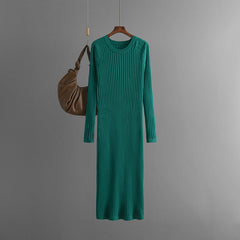 Solid Pleated Round Neck Woolen Knitted Dress