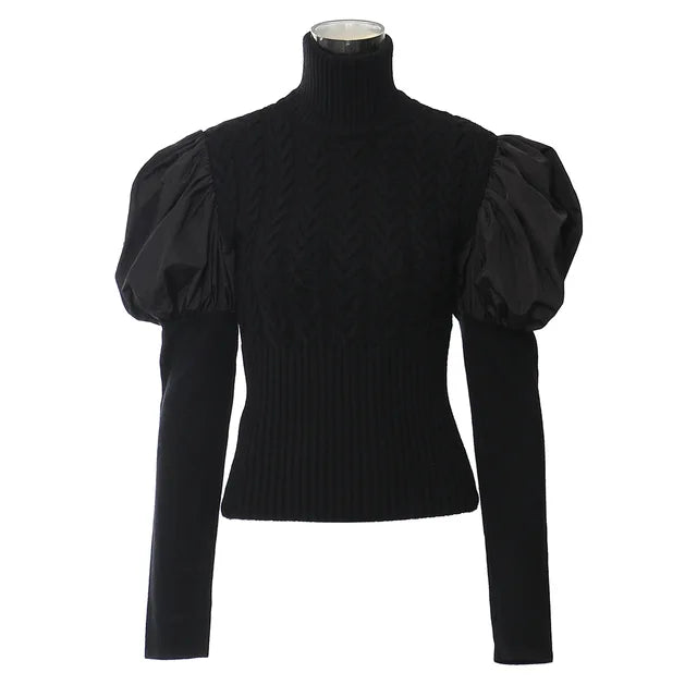 Spliced Bubble Sleeve Turtleneck Slim Knitted Top