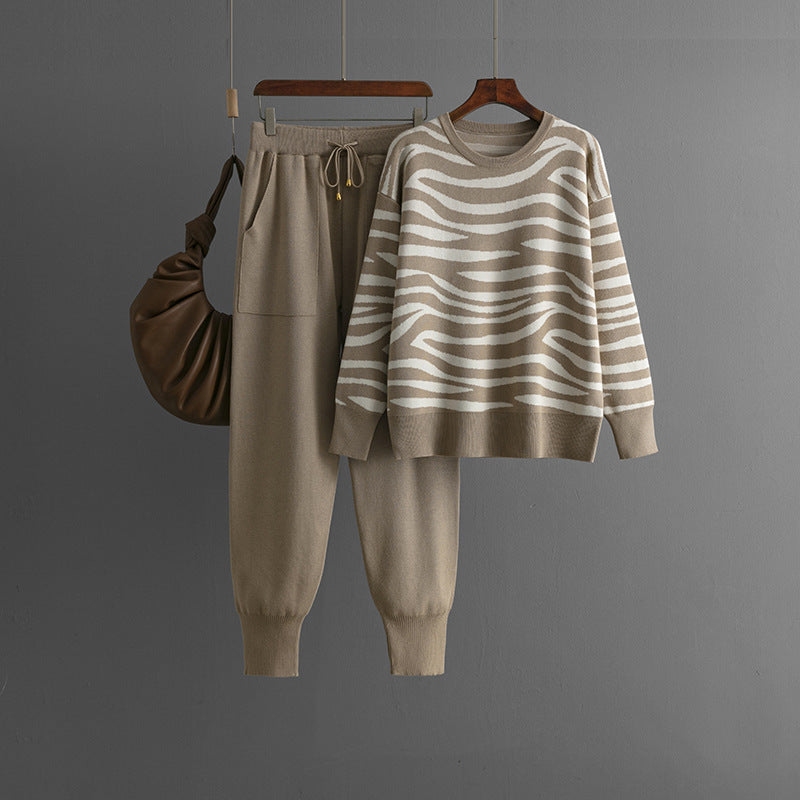 Animal Print Knitted Sweater + Pants Set