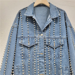 Full Body Nail Drill Lapel Loose Denim Jacket