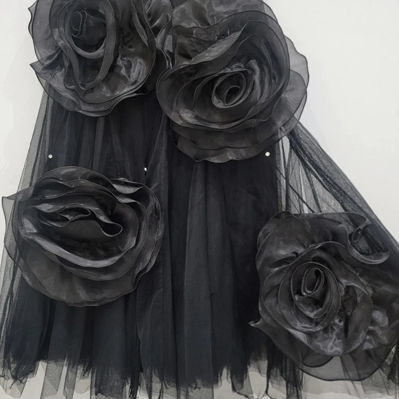 Mesh Handmade 3D Flower High Elastic Waist Skirt