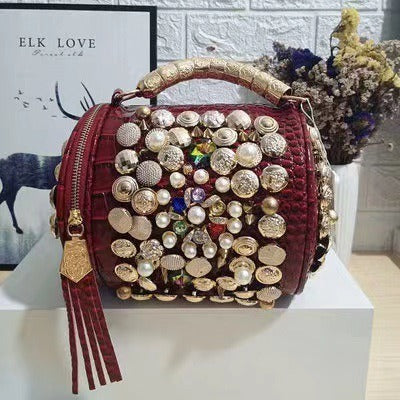 Classic Handmade Rhinestone Cylinder Shoulder Bag