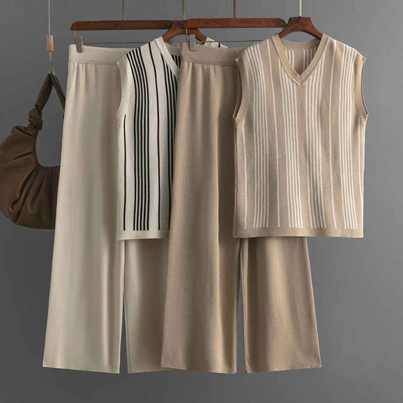 Striped V-Neck Vest Wide Leg Pants Knitted Set