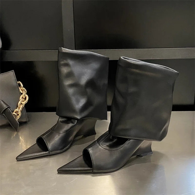 Pointed Peep Toe Wedge Heel Boots