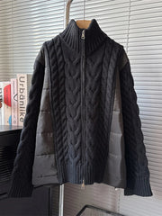 Turtleneck Knitted Patchwork Cotton-Padded Sweater