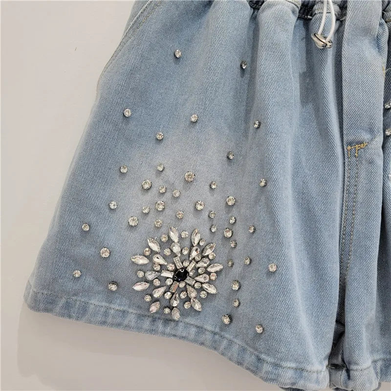 Diamond Elastic Waist Drawstring Denim Shorts