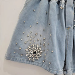 Diamond Elastic Waist Drawstring Denim Shorts