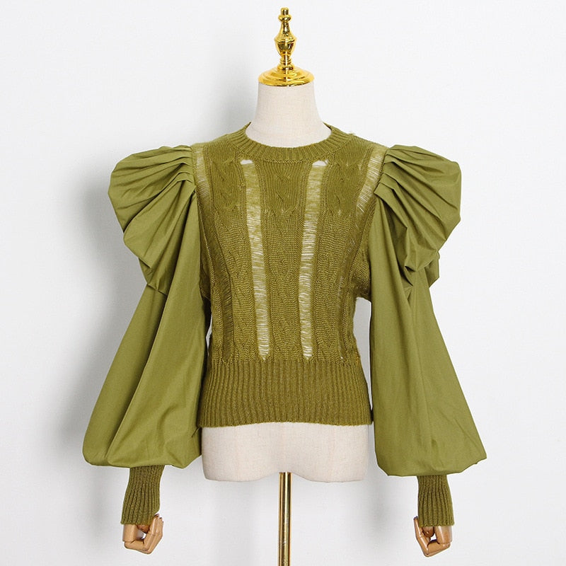 Puff Sleeves Spliced Knit Sweater