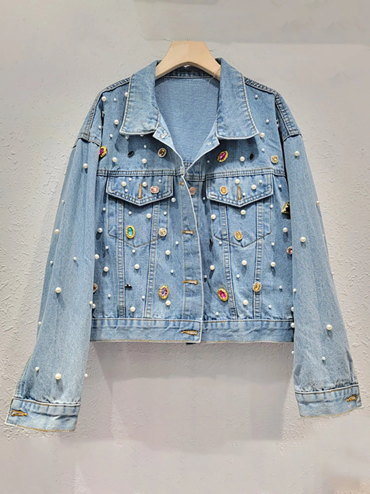 Colorful Crystal Single Breasted Pearl Denim Jacket