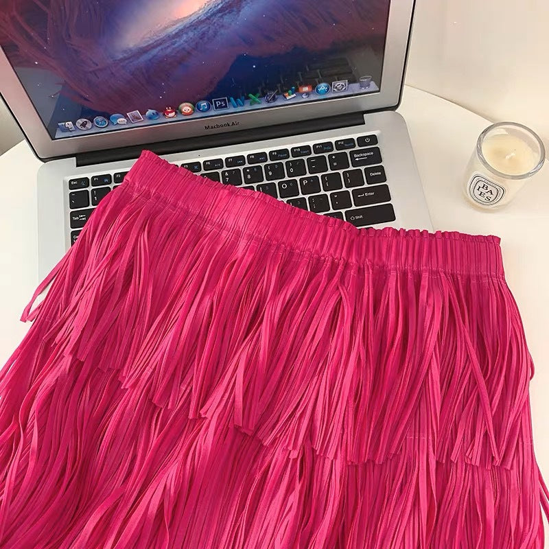 Fringe Stretch Waist Pleated Skirt