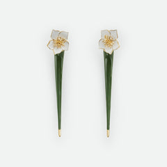 Green Long Enamel Sculpture Flower Shaped Earrings