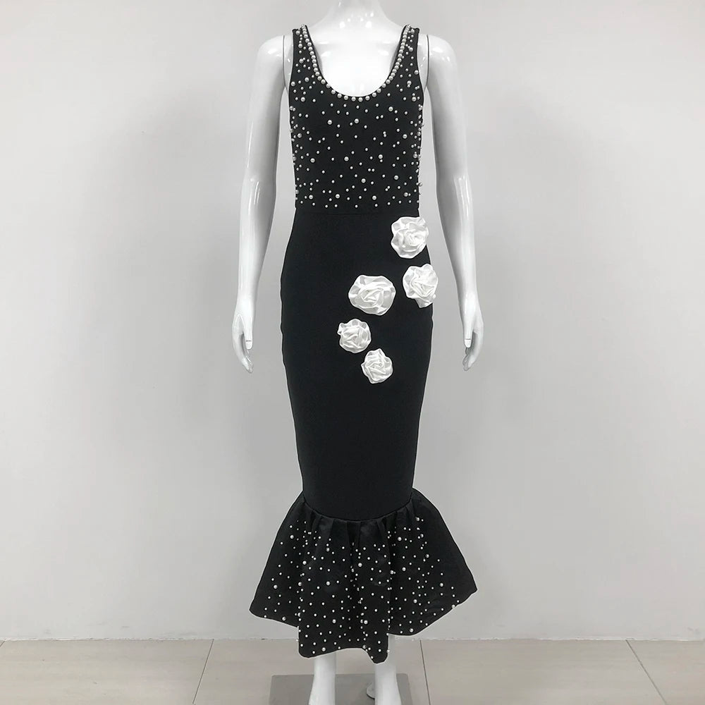 Elegant Floral Embellished Beaded Long Skirt Dress
