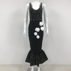 Elegant Floral Embellished Beaded Long Skirt Dress