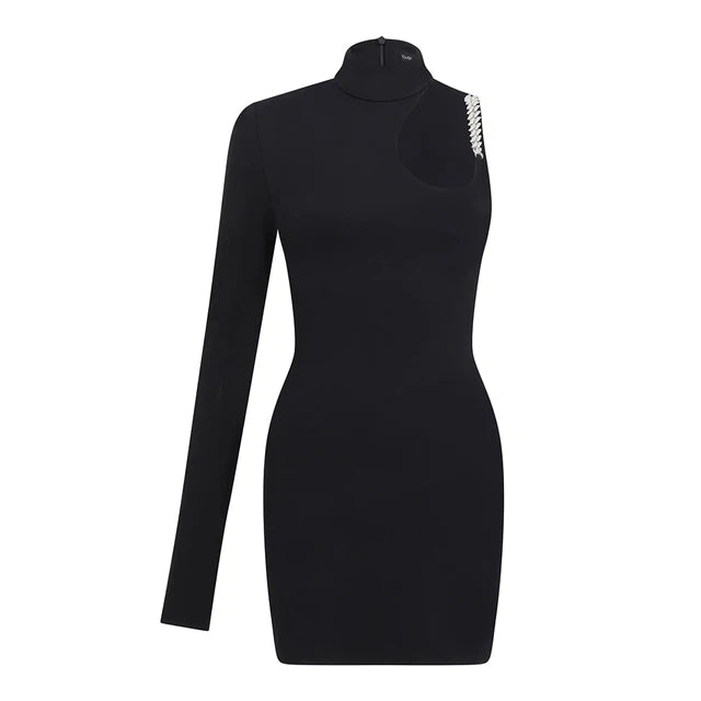 Stand Collar Single Shoulder Sleeve Hollow Slim Fit Dress