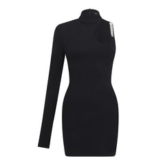 Stand Collar Single Shoulder Sleeve Hollow Slim Fit Dress