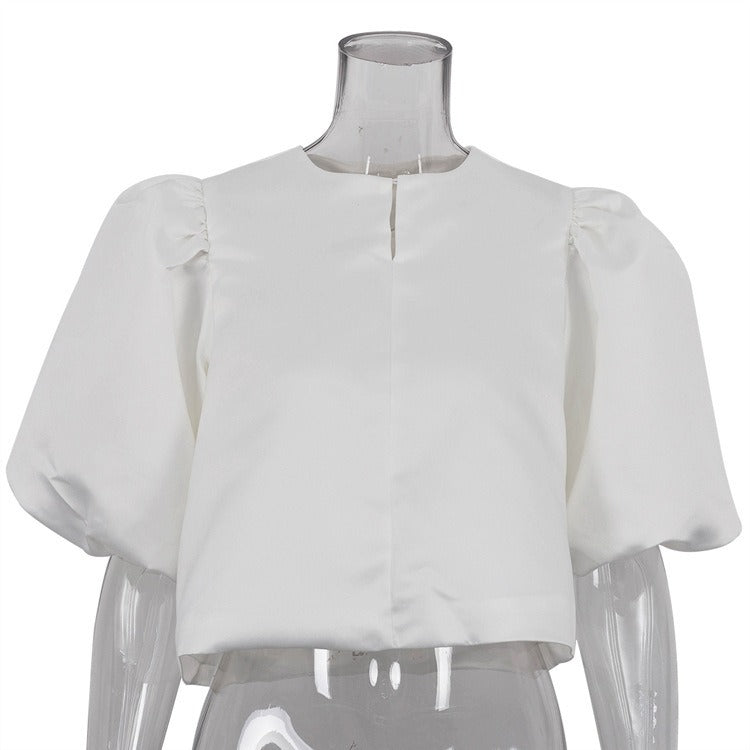 Solid Bubble Sleeve Satin Blouse