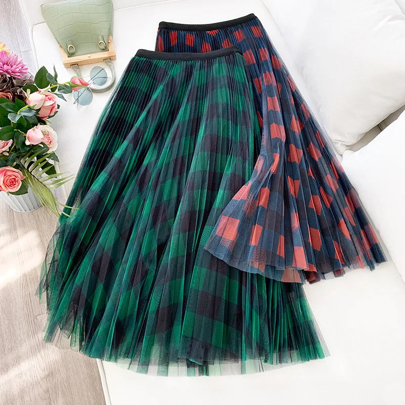 Plaid Maxi Tulle Skirt