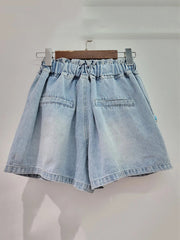 Diamond Studded Blue Beads Wide Leg Denim Shorts